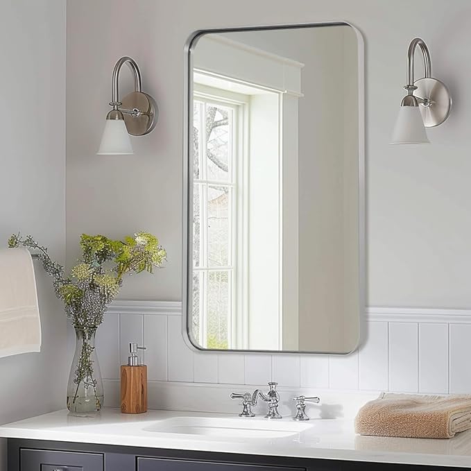 ANDY STAR Brushed Nickel Bathroom Mirror, 24”x40” Rounded Corner Rectangle by ANDYSTAR