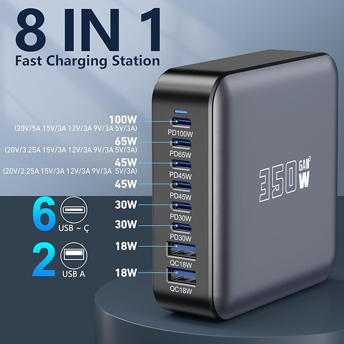 350W USB Fast Charging Station, 8 Port USB C Multi Port Charger Block - Image 2