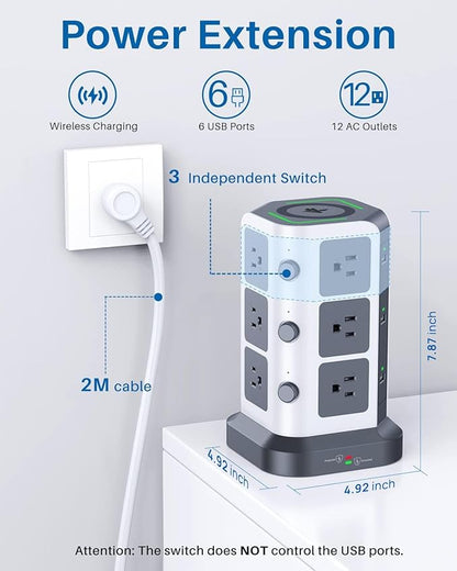 KOOSLA Power Strip Tower, Wireless Charger Surge Protector - Image 2