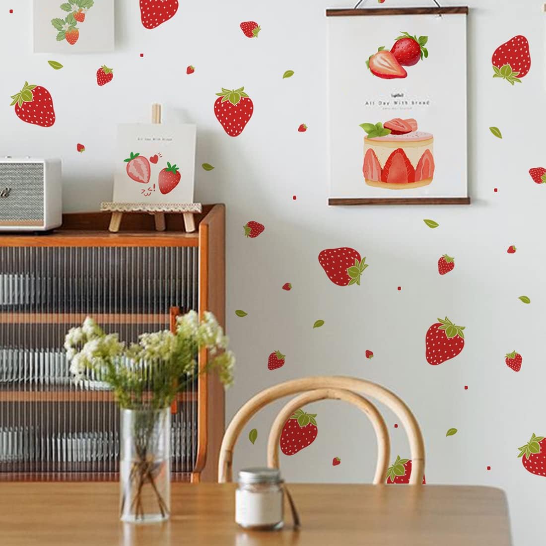 Strawberry Stickers - 48 PCS, 4 Sheets, Fruits Kitchen Decor, Wall Decor for Bedroom, Bathroom, Classroom, Nursery Room