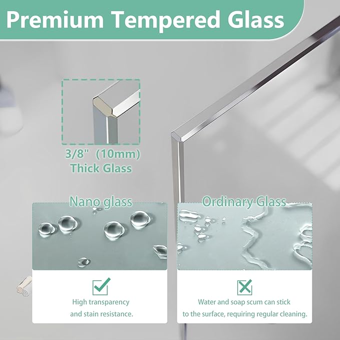 35"x74" Semi-Framed Shower Screen, Single Fixed Shower Glass Panel - Image 5