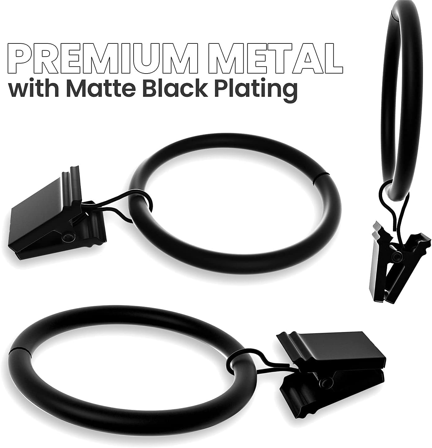 Black Curtain Rings with Clips 1.5 Inch Set of 20 Heavy Duty Curtain Hooks for Drapes, Caps, Pictures - fits on Rod Diameter Upto 1.25Inch/32mm… (Black, 1.5" Inch - 20 Pack)