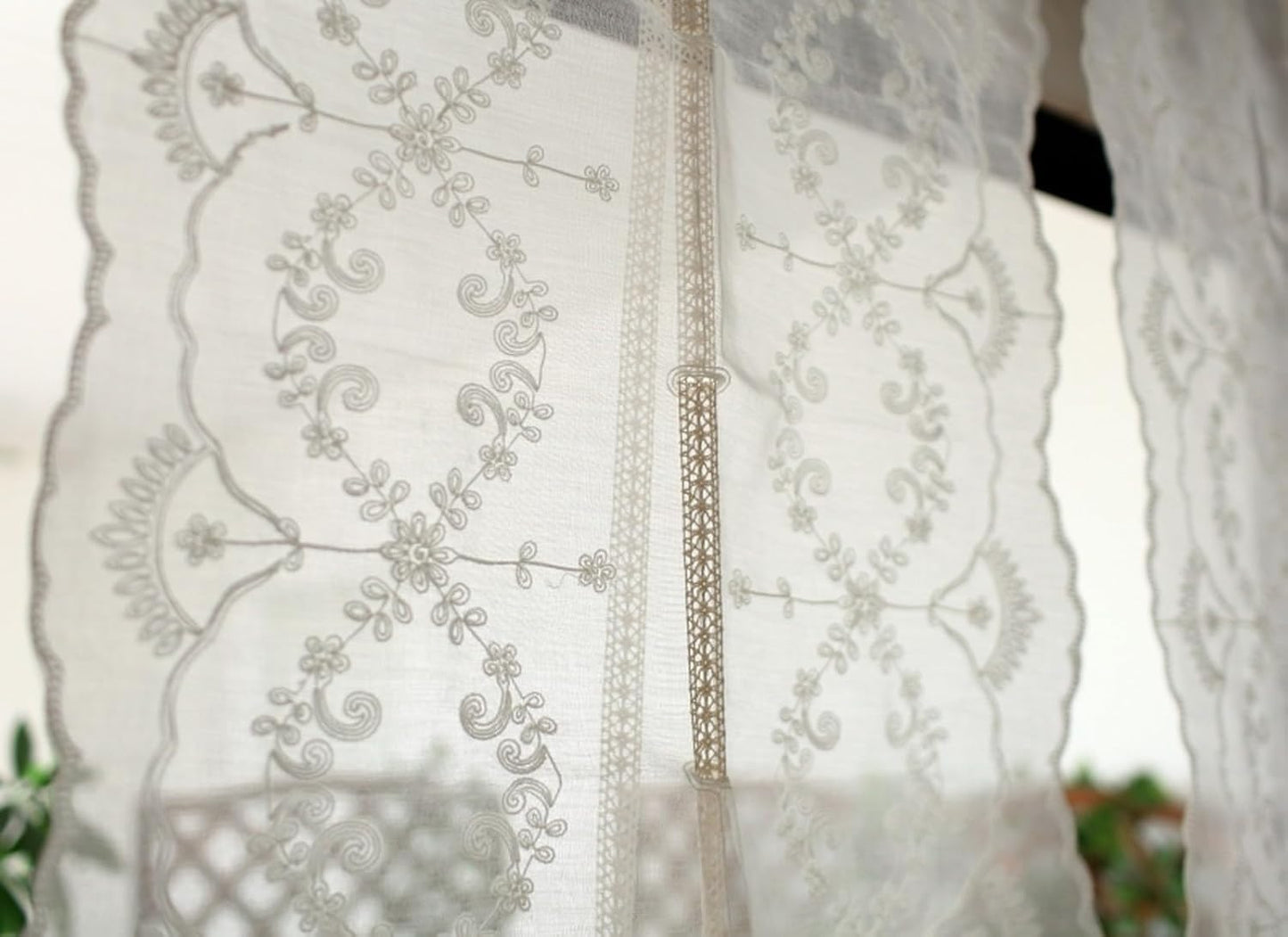 A.Monamour White Sheer Transparent Embroidered Voile Lace Balloon Curtain Window Roman Shades Window Treatment Tie Up Curtain Cottage Flowers Adjustable Tie Tieup, Rod Pocket/Pinch Pleat, 2 Pieces