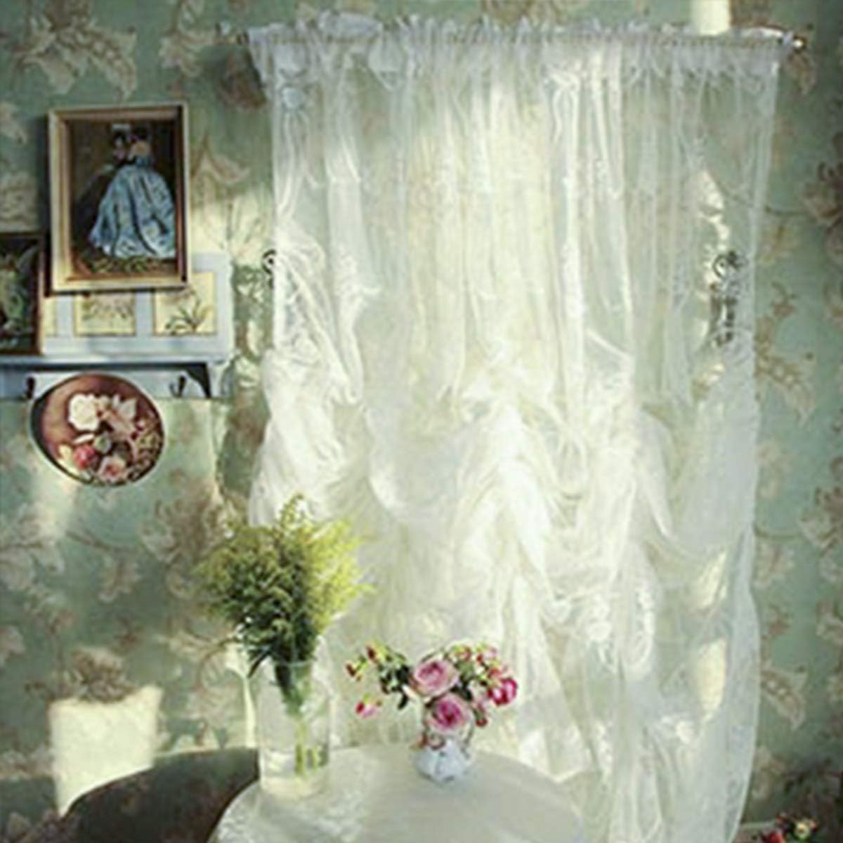 FADFAY Balloon Curtain Adjustable Tie-Up Off White Lace Semi Sheer Window Curtain Shade European Style Embroidered for Living Room Bedroom 1 Panel 78''78''