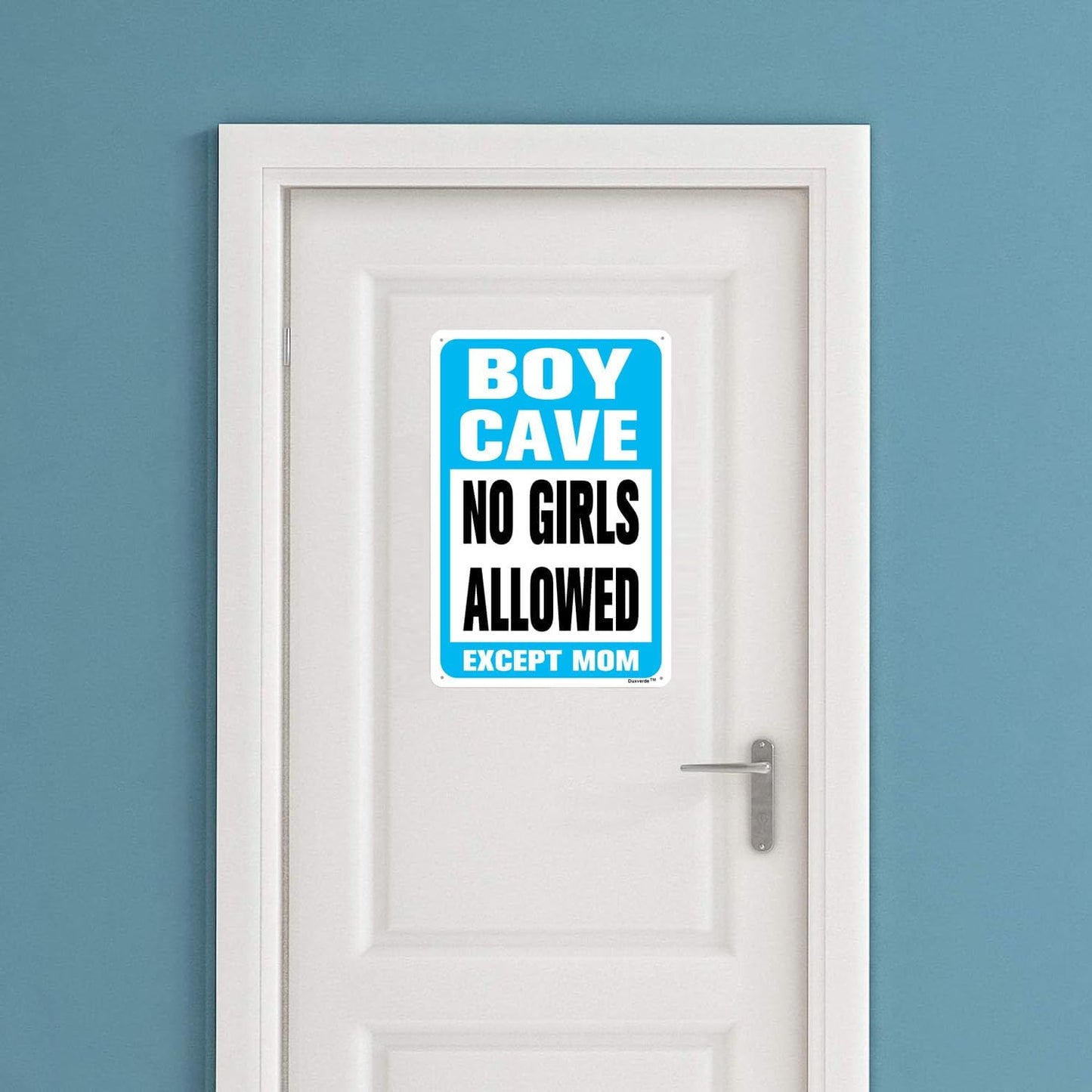 8"x12" Aluminum Sign, Boy Cave Signs No Girls Allowed Except Mom Sign, Blue Metal Sign for Little Man Cave Bedroom Living Room Wall Decor