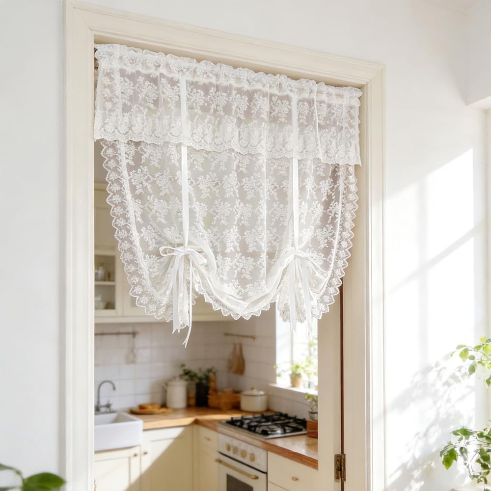 White Floral Lace Tie Up Curtain, Adjustable Lift Balloon Window Shade | Scalloped Edge Kitchen Curtain, Light Filtering Sheer Lace Curtain for Cafe Bathroom Rod Pocket, 1 Panel (W35 L39 inch)