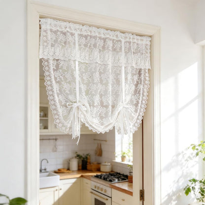 White Floral Lace Tie Up Curtain, Adjustable Lift Balloon Window Shade | Scalloped Edge Kitchen Curtain, Light Filtering Sheer Lace Curtain for Cafe Bathroom Rod Pocket, 1 Panel (W35 L39 inch)