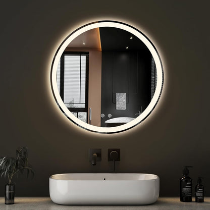 Simple Deluxe Round LED Bathroom Mirror with Lights, Smart Anti-Fog LED Bathroom Mirror with Circular Dual Lights and 3-Color Temperature Memory dimming (24inch)