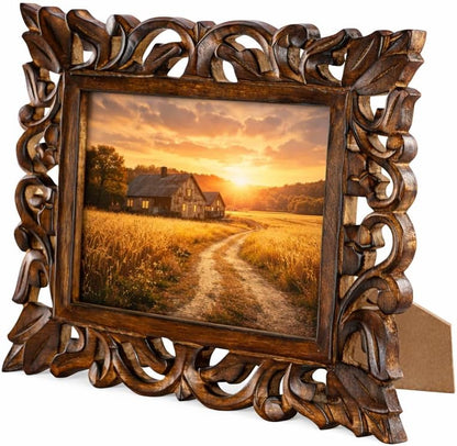 Hand Carved Mango Wood Rustic 5x7 Picture Frame with Real Glass - Aesthetic Vintage Wood Frame for Tabletop and Wall Mount Use - Rustic Home Decor Perfect for Your Memories