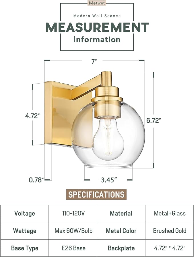 METWET Wall Sconces Set of 2, 1-Light Brushed Gold Sconces Wall Lighting - Image 2