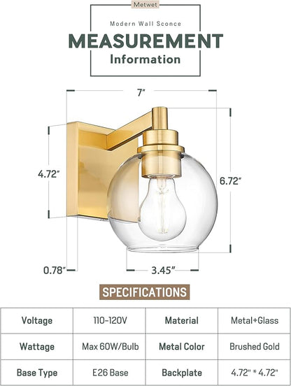 METWET Wall Sconces Set of 2, 1-Light Brushed Gold Sconces Wall Lighting - Image 2
