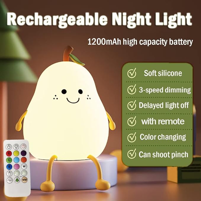 Cute Pear Night Light for Kids, Silicone Fruit Pear Cute Lamp - Image 5
