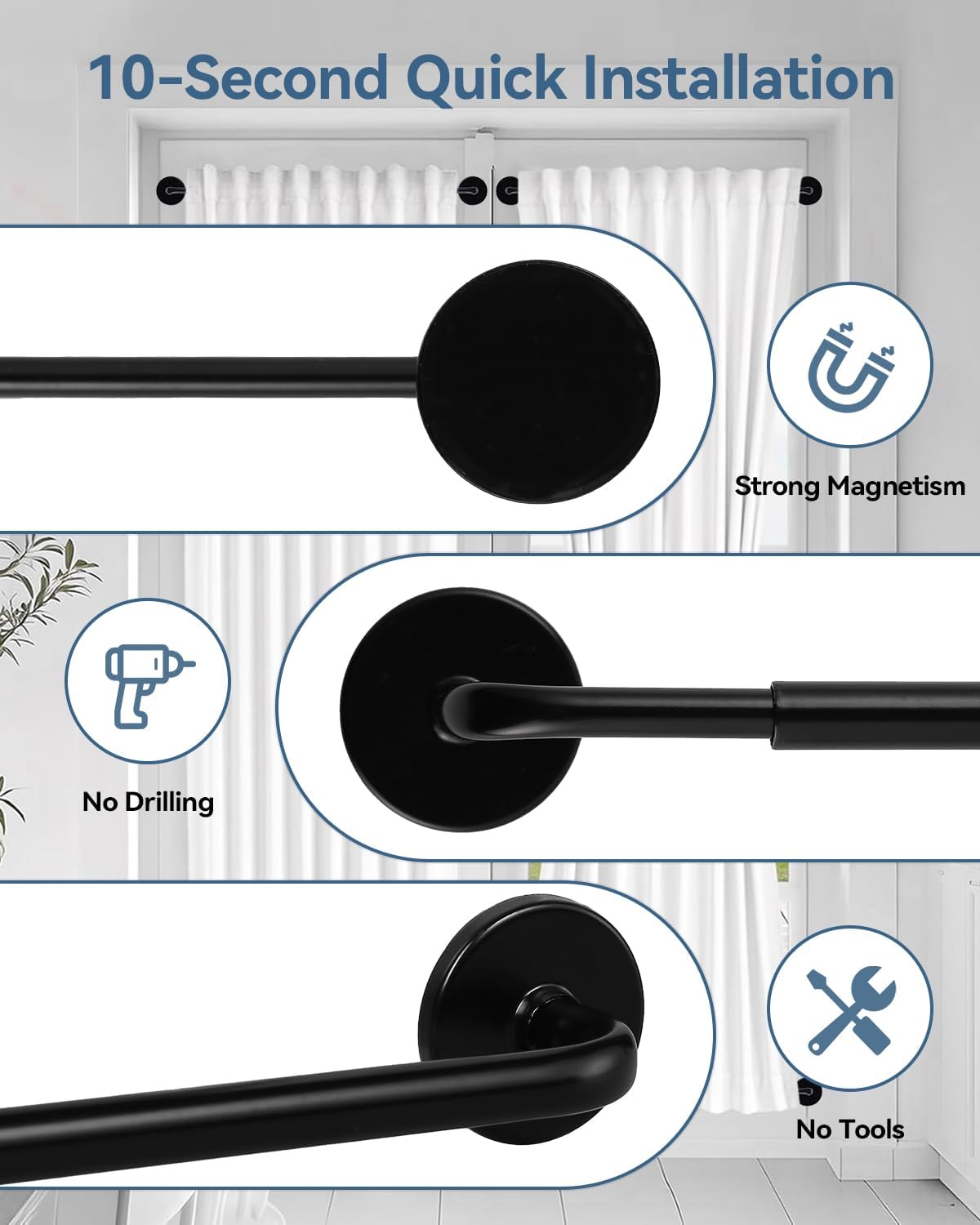 2 Pack Magnetic Curtain Rods for Metal Doors, 17-30in No-Drill Rods, Black | Tool-Free Installation, Strong Magnetic Hold, Stepless Adjustable, Damage-Free Hanging, French Doors, Metal front/back doors