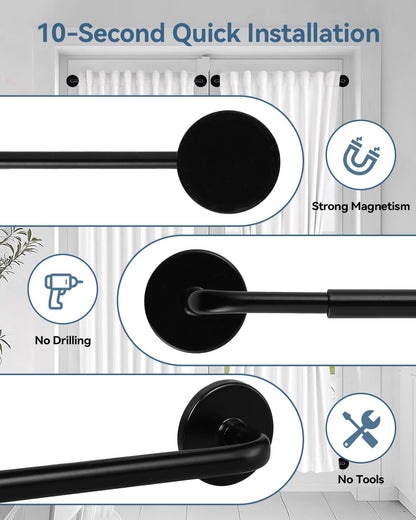 2 Pack Magnetic Curtain Rods for Metal Doors, 17-30in No-Drill Rods, Black | Tool-Free Installation, Strong Magnetic Hold, Stepless Adjustable, Damage-Free Hanging, French Doors, Metal front/back doors