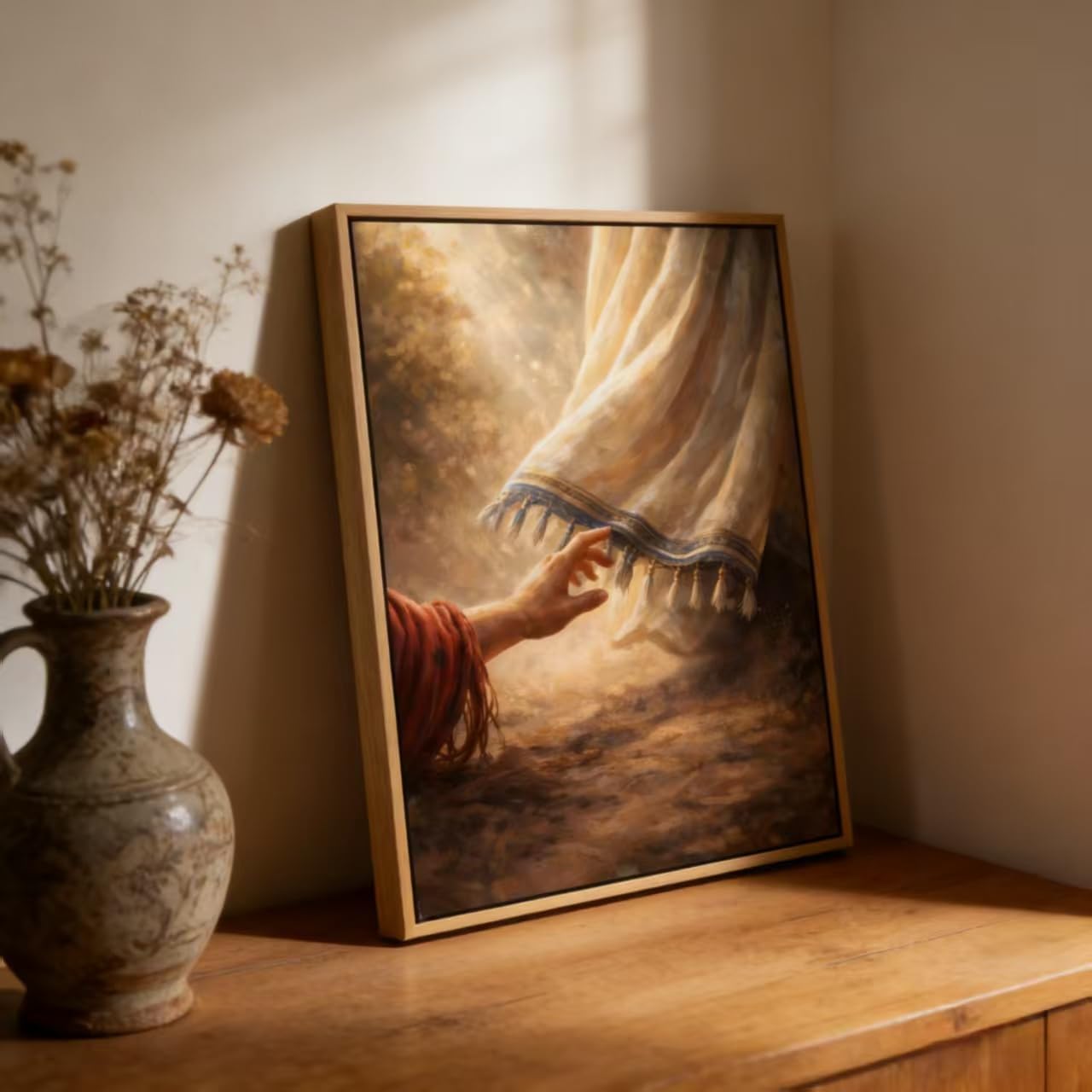 Framed Jesus Canvas Wall Art,Touching the Hem of His Garment Wall Decor Picture, Jesus Healing Christian Poster Print, for Bedroom Living Room Church Decoration