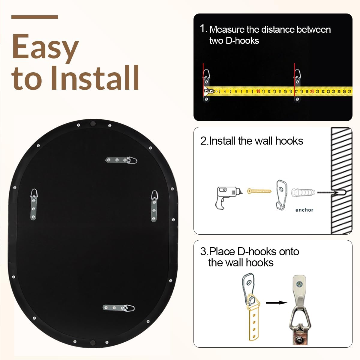 24x32'' Oval Mirror, Black Oval Mirror Pill-Shaped Design in Stainless Steel Metal Frame for Bathroom, Entryway, Living Room, Contemporary 1" Deep Wall Mount Vertical or Horizontal