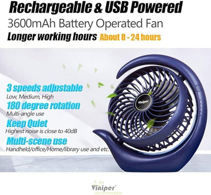 Viniper Portable Rechargeable Fan, Small Desk Fan : 3 Speeds & about 8-24 Hours - Image 2