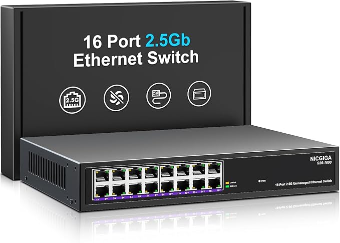 16 Port 2.5Gb Ethernet Switch Unmanaged, NICGIGA 16 Port 2.5G Network Switch by NICGIGA