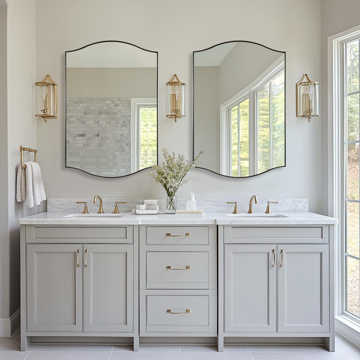 Brushed Nickel Mirror, 24"x36" Silver Scalloped Wall Mirror for Bathroom, Curved Edge Design with SUS304 Stainless Steel Metal Frame, Ideal for Bathroom, Bedroom, Entryway