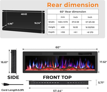 R.W.FLAME 60" Recessed and Wall Mounted Smart Electric Fireplace, Alexa/WiFi - Image 2