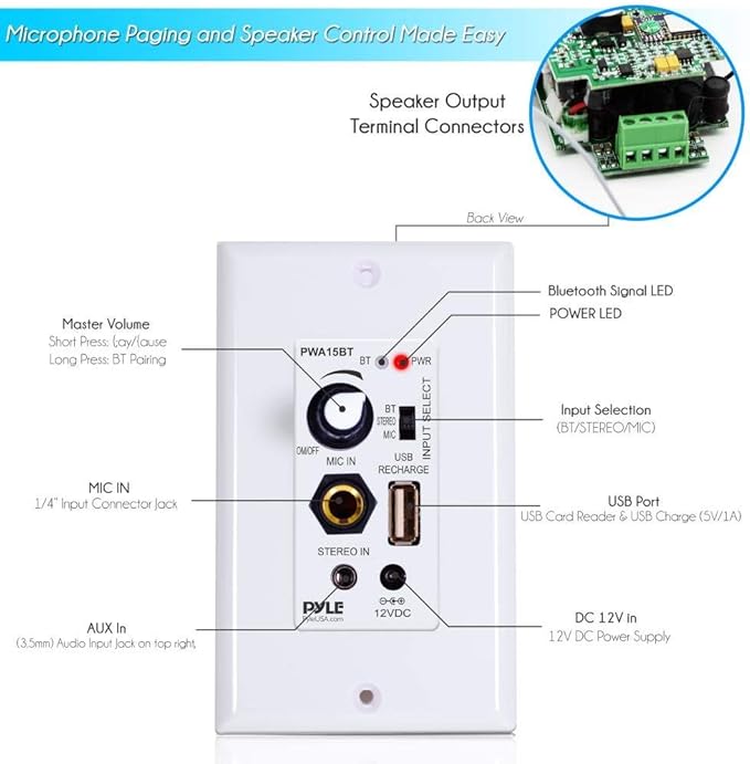 Pyle Wireless BT Receiver Wall Mount - 100W In-Wall Audio Control Receiver w/ - Image 2