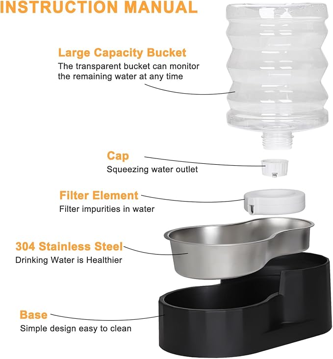 RIZZARI Dog Water Bowl Dispenser: 5L Black Stainless Steel Gravity Feeder - Image 3