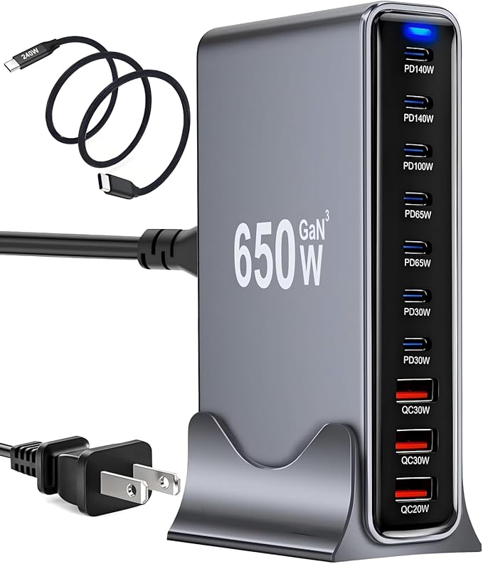 650W USB C Fast Charger Block, 10 Port USB Charging Station, GaN Ⅲ Pro Double by Unknown