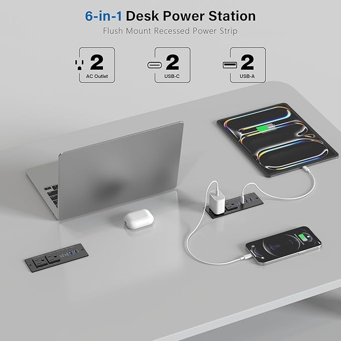 Recessed Power Strip Fast Charging Station 2 PD 65W USB C, Flush Mount - Image 3