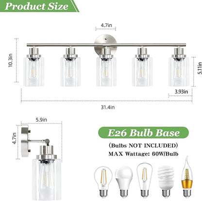 Guliaofo 5-Light Bathroom Vanity Lights, E26 Modern Brushed Nickel Bathroom - Image 2