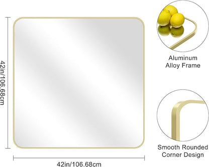 Gold Bathroom Mirror, 42x42 Inch Metal Framed Square Mirror, Rounded Corner - Image 8