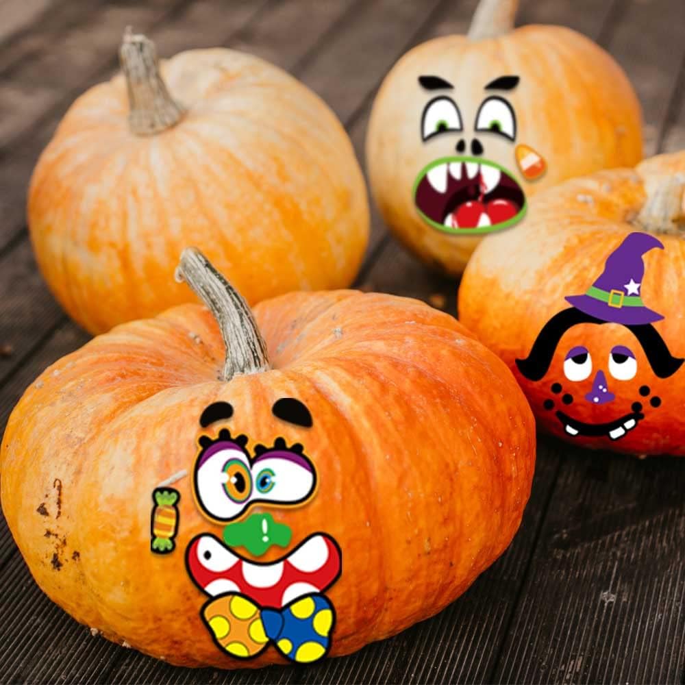 Halloween Pumpkin Face Stickers Halloween Pumpkin Decorating Stickers | 64 Pack Large Pumpkin Craft Stickers for Kids Toddlers Make Jack-O-Lantern Face Decals for Pumpkins and Squashes
