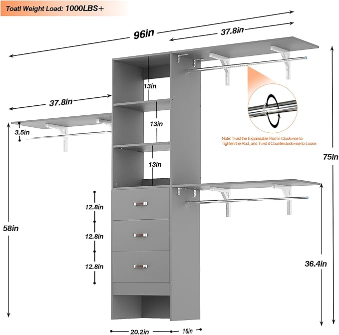 Armocity 96 Inches Closet System, 8FT Walk In Closet Organizer - Image 7