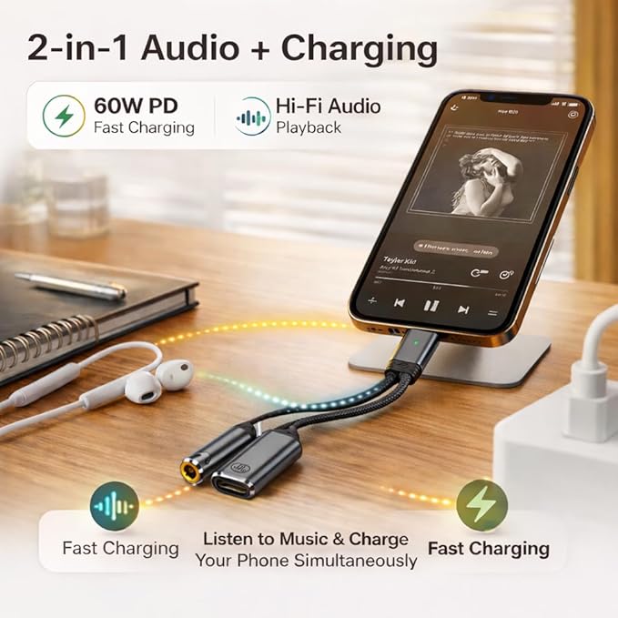 Mizi [2025 Upgraded USB-C to 3.5mm Headphone & Charger Adapter – 2-in-1 Type-C - Image 2