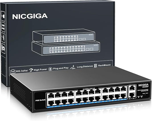 24 Port PoE Switch Unmanaged, 24 Port PoE+@400W, 2 Gigabit Uplink Ports by NICGIGA