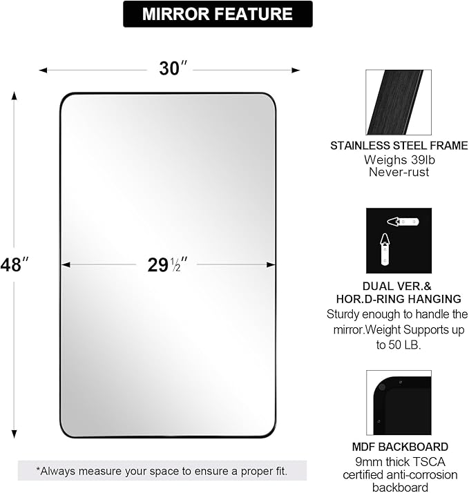 ANDY STAR 30”x48” Black Bathroom Mirror, Wall Mirror - Image 2