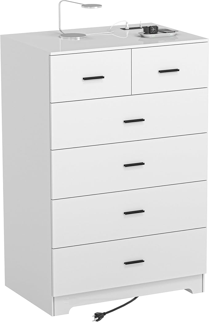 Dresser with Power Outlets Wooden 6 Drawer Dresser with Large Organizer White - Image 4