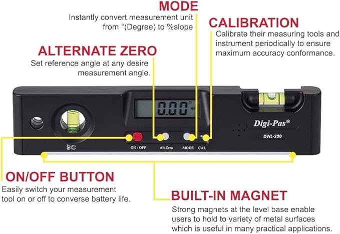 Digi-Pas DWL200 Electronic Torpedo Level, Protractor, Angle Gauge, Angle Finder - Image 2