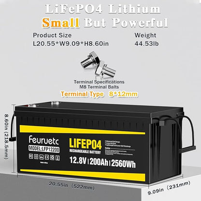 12V 200Ah Lithium LiFePO4 Battery, Built-in 200A BMS, 2560Wh Energy Storage - Image 2