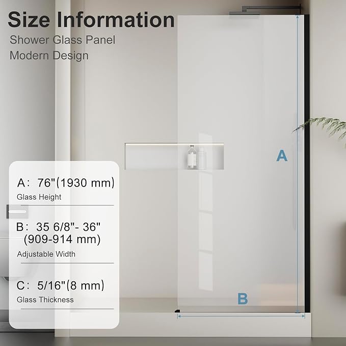 Bathbliss 36" W x 76" H Frameless Shower Glass Panel, 8mm Clear Tempered Glass - Image 2