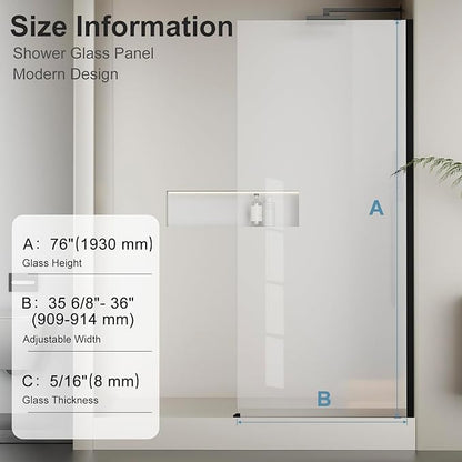 Bathbliss 36" W x 76" H Frameless Shower Glass Panel, 8mm Clear Tempered Glass - Image 2
