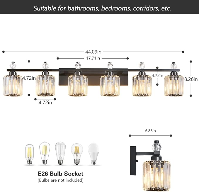 FDPBY Bathroom Vanity Lights 6-Light Plating Black Modern Crystal Vanity Light - Image 4