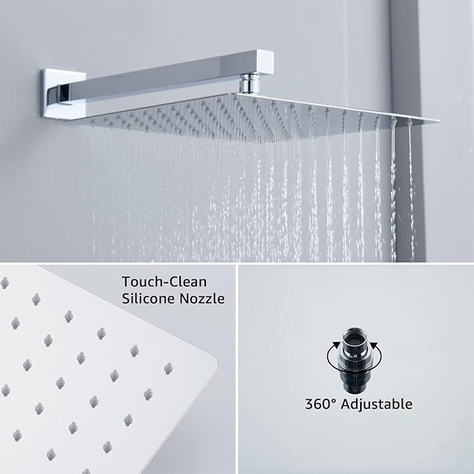 Iriber 12 Inch Bathroom Shower System Polish Chrome Wall Mounted Square Mixer - Image 2