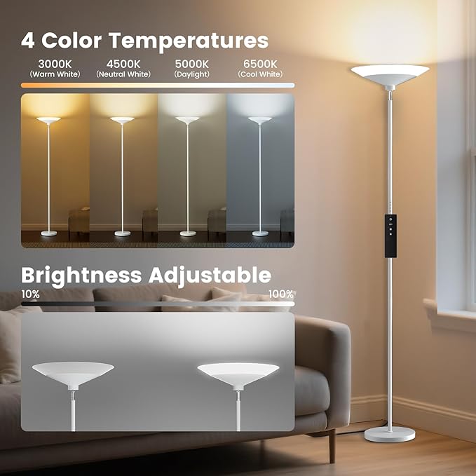 SIBRILLE White Torchiere Floor Lamp - 30W Dimmable LED Standing Lamp - Image 3