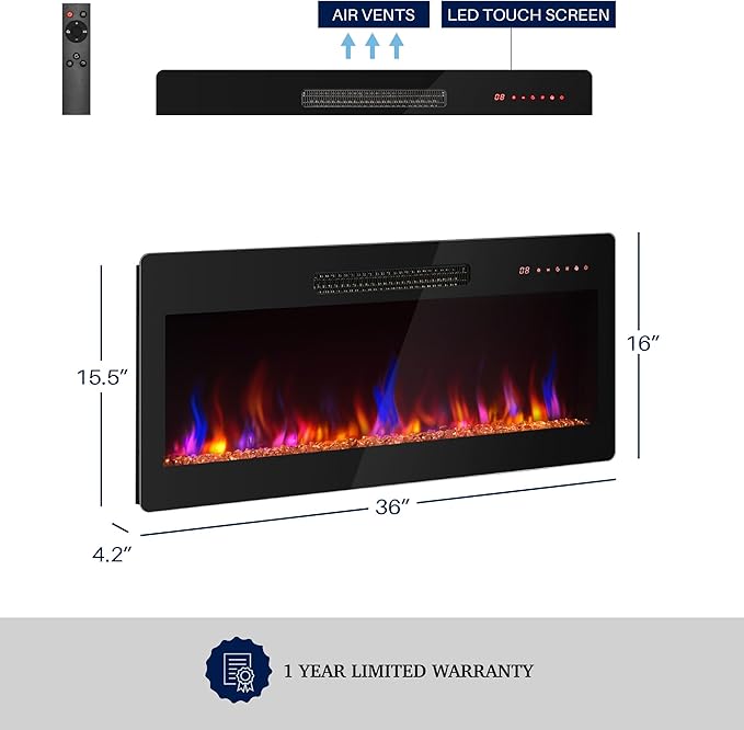 BELLEZE 36" Electric Fireplace Heater, 1400 W Recessed & Wall Mounted Electric - Image 7