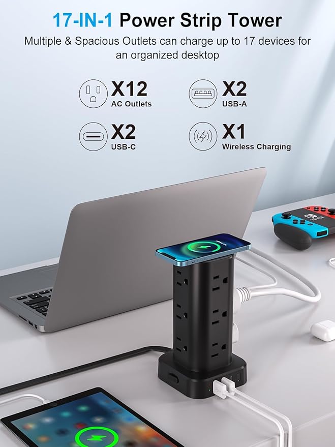 Power Strip Tower with Wireless Charger, Flat Plug Surge Protector Tower with - Image 2