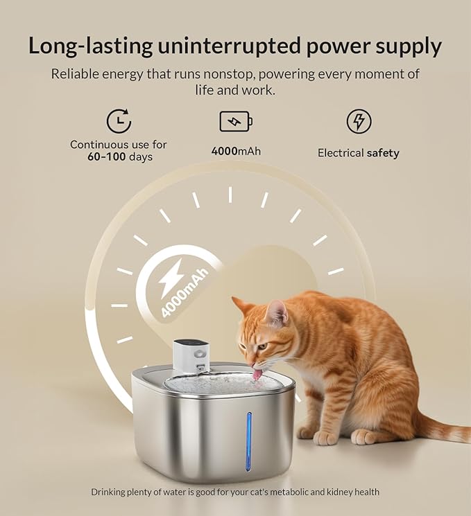 Wireless Cat Water Fountain Stainless Steel, 135floz/4L Battery Operated - Image 5