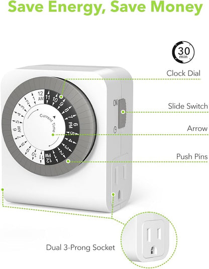 BN-LINK Timer Outlet with 2 Grounded Outlets, Mechanical Light Timers - Image 2