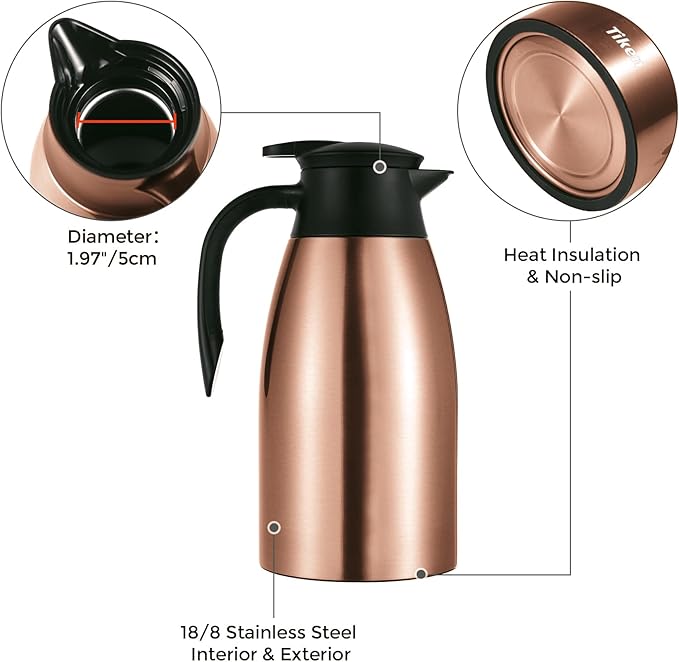 Tiken 68 Oz Thermal Coffee Carafe, Stainless Steel Insulated Vacuum Coffee - Image 3