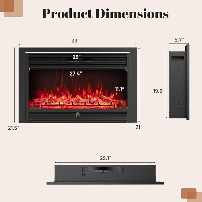 Giantex 33" Electric Fireplace Insert, Wall Recessed/Mounted, Freestanding - Image 5