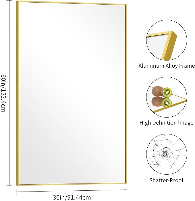 Gold Bathroom Mirror for Wall, 60x36 Inch Rectangle Mirrors - Image 4